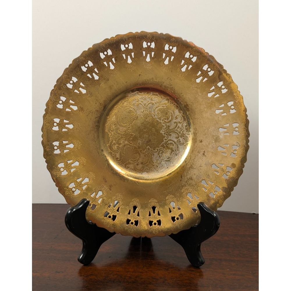 Vintage Golden Bronze B.M. Co. USA 507 Pierced Brass Trinket Dish 9" Scalloped